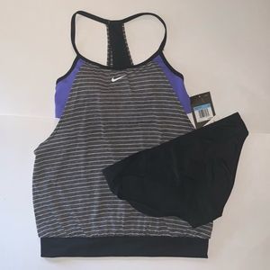 Nike Women’s Two Piece Tankini Striped Medium Size.  Black Gray And Purple.